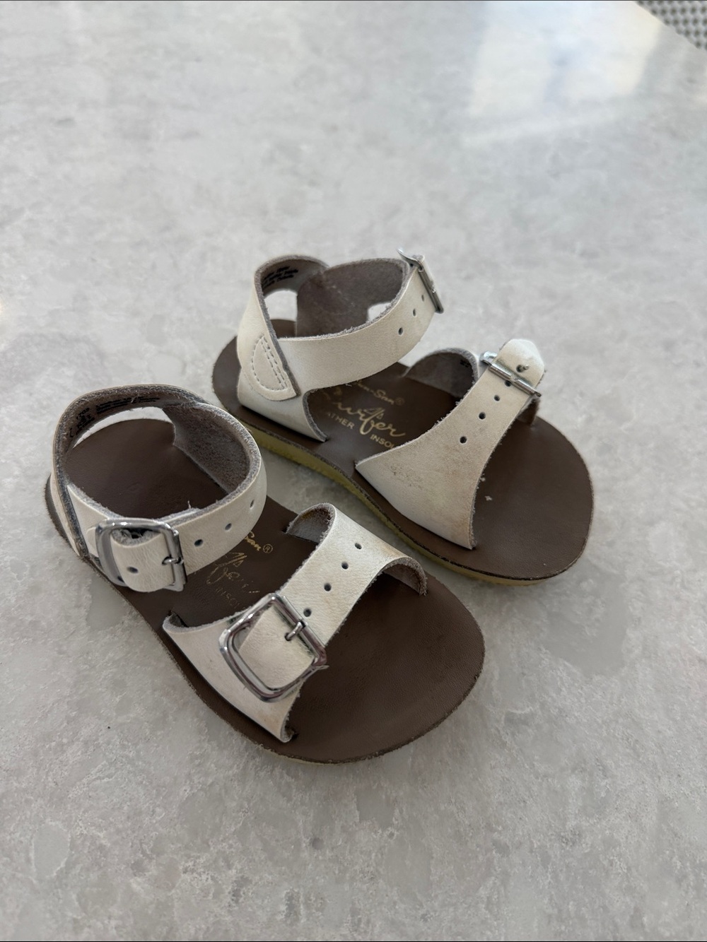 Children's White Double-Buckle Leather Sandals